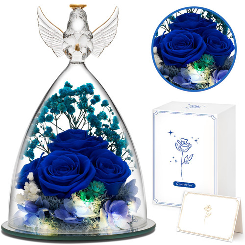 GMAOPHY Women Gifts for Christmas, Valentine, Mothre's Day, Blue Preserved Flower Gift for Mom, Grandma, Wife, Glass Angel Figurine with Three Real Roses Gift, Forever Rose Angel Gifts for Birthday GMAOPHY Women Gifts for Christmas, Valentine, Mothre's Day, Blue Preserved Flower Gift for Mom, Grandma, Wife, Glass Angel Figurine with Three Real Roses Gift, Forever Rose Angel Gifts for Birthday