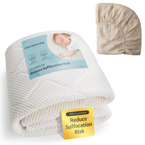 Waterproof Crib Mattress Protector, 100% Breathable Quilted Layer Crib Mattress Cover with Muslin Rainbow Crib Sheet for Replacement, Fits for Baby Crib Size 52''x28'', Machine Washable & Dryable