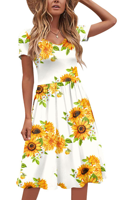 DB MOON Women Casual Short Sleeve Dresses Empire Waist Knee Length Dress with Pockets Sunflower White DB MOON Women Casual Short Sleeve Dresses Empire Waist Knee Length Dress with Pockets Sunflower White
