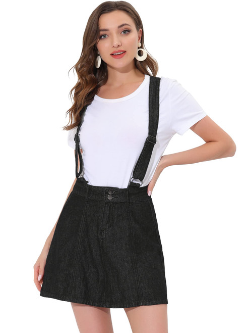 Allegra K Women's Denim Skirt Overall Adjustable Strap Braces Mini Suspender Washed Jean Skirts Medium Black