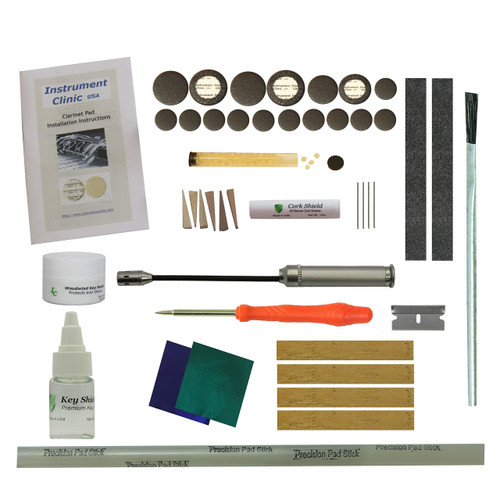 Black Kangaroo Leather Clarinet Pad Kit with Tenon Cork, Leak Light, Adhesive Pellets, Glue Stick, Key Oil, Key Polish, Key wedges, Cork Grease, Springs, Pads Assembled in USA! (Bundy)