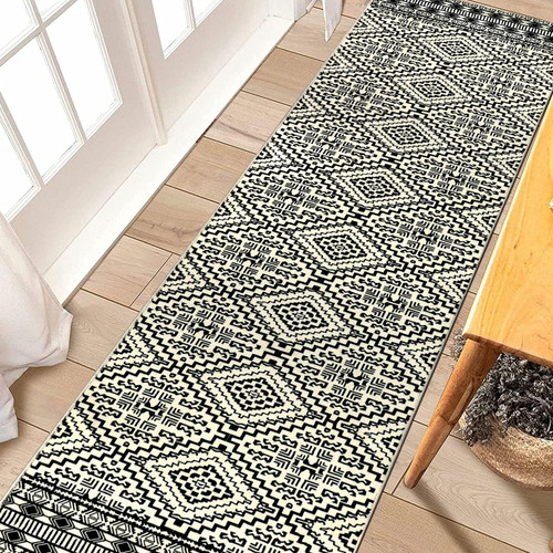 famibay 2x10 Hallway Runner Rug Non Slip Boho Kitchen Runner Rug Washable Runners for Hallways with Rubber Backing Soft Low Pile Long Runner Rug for Hallway Kitchen Entryway(Black and Beige)