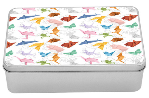Ambesonne Origami Metal Box, Continuous Hobby Japanese Minimalistic Handicraft Animals on Plain Background, Multi-Purpose Rectangular Tin Box Container with Lid, 7.2" X 4.7" X 2.2", Multicolor