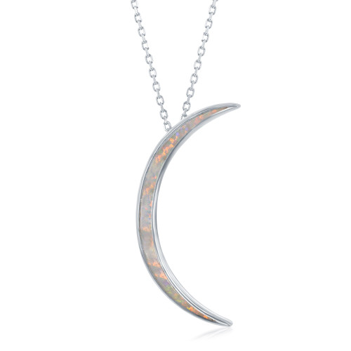 Sterling Silver Created White Opal Thin Crescent Moon Pendant 18" Chain/Necklace