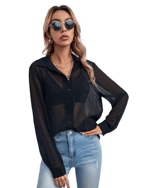 Floerns Women's Button Front Long Sleeve Mesh Shirt See Through Sheer Blouse Tops Black M