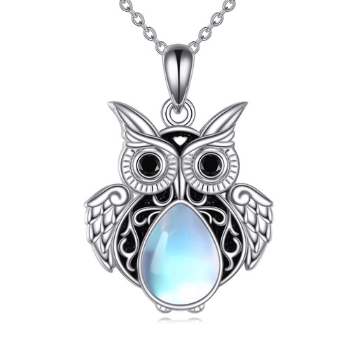 KQF Owl Necklace for Women Sterling Silver Cute Owl Pendant Necklace Moonstone Owl Jewelry Gift for Men Girls (Owl Necklace)