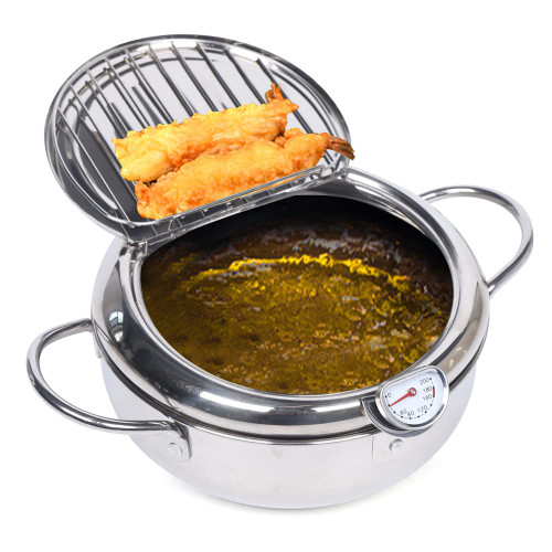 2.2L Deep Fryer Pot Stainless Steel Deep Frying Pot Japanese Tempura Fryer Pan with Temperature Gauge and Lid, Deep Fryer Pan Kitchen Frying Chicken Pot for Fried Shrimp, Fish, French Fries