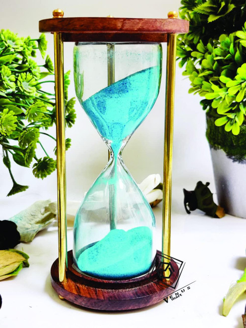Wooden and Brass Sand Timer Hour Glass Hourglass Clock Ideal for Exercise Tea Making Antique Nautical Decor Theme Height 6 Inches 5 Minutes Sand Clock (Wooden Timer with Sky Blue Sand)