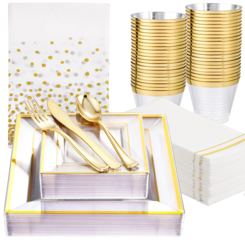 Festiva 176Pcs Clear and Gold Plastic Plates - Square Clear Plates with Gold Trim - Clear Gold Dinnerware for 25Guest include Plates Cups Cutlery Napkins Tablecloth for Party&Weeding&Mother's Day