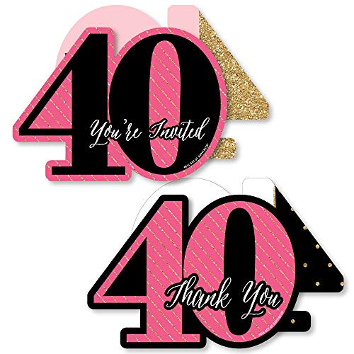 Chic 40th Birthday - Pink, Black and Gold - 20 Shaped Fill-In Invitations and 20 Shaped Thank You Cards Kit - Birthday Party Stationery Kit - 40 Pack