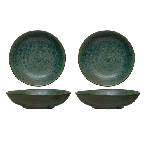 Creative Co-Op Stoneware Serving Bowl, Matte Green Reactive Glaze, Set of 4 Serveware, 7" L x 7" W x 2" H