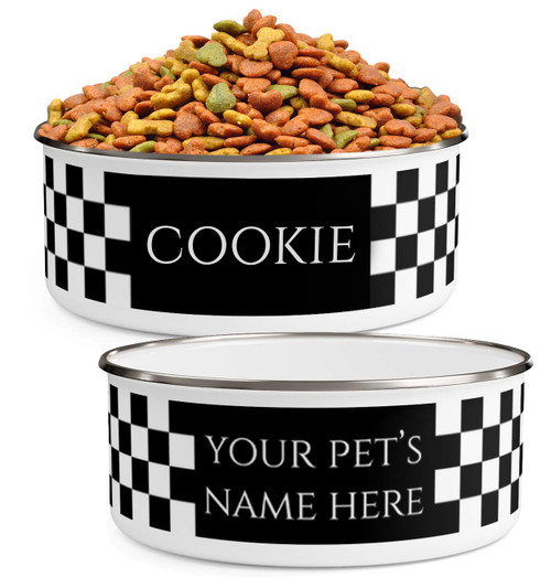 Personalized Black & White Checkered Dog Bowls (Large - 40oz) for Food or Water - Design with Your Pet's Name - Custom Stainless Steel Enamel Dog Bowls with Lid