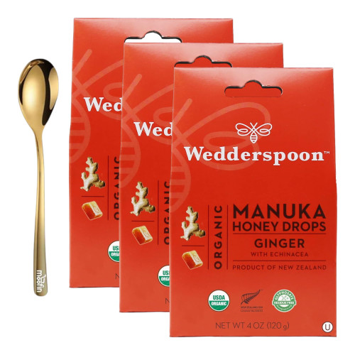 moofin Wedderspoon Organic Manuka Honey Drops, 4 fl oz - Manuka Honey Cough Drops Golden SS Spoon - Soothes Throat & Cough, Ginger for Immune Support, New Zealand Manuka Honey Drops (Pack of 3)