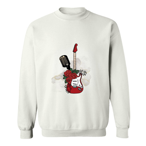 Mens Gift for Guitarist Musician Composer Featuring Guitar Microphone Red Rose Grey Muticolor Unisex Sweatshirt