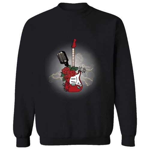 Mens Gift for Guitarist Musician Composer Featuring Guitar Microphone Red Rose Black Muticolor Unisex Sweatshirt