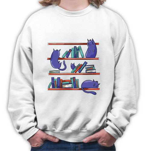 Gift Idea for Pet Lovers Library Cats Illustration Cats Climbing Bookshelf White Muticolor Unisex Sweatshirt