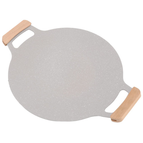 Korean Aluminum Grill, Portable Korean Grill Pan Nonstick Pan BBQ Grill Plate with Wooden Handles Compatible for Induction, Gas Stove Indoor Outdoor Grilling(34cm)