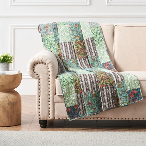 Greenland Home Jasmin Boho Style Reversible Throw Quilt, 50x60 inches, Jade