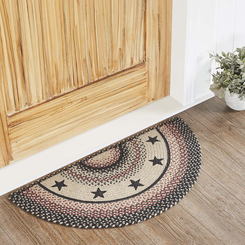 VHC Brands Colonial Star Accent Rug with PVC Pad, Jute Blend, Half Circle, Tan Black Red Star, 16.5x33 VHC Brands Colonial Star Accent Rug with PVC Pad, Jute Blend, Half Circle, Tan Black Red Star, 16.5x33