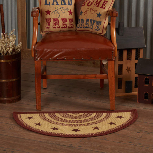 VHC Brands Burgundy Tan Jute Rug Half Circle Stencil Stars w/Pad 16.5x33 VHC Brands Burgundy Tan Jute Rug Half Circle Stencil Stars w/Pad 16.5x33