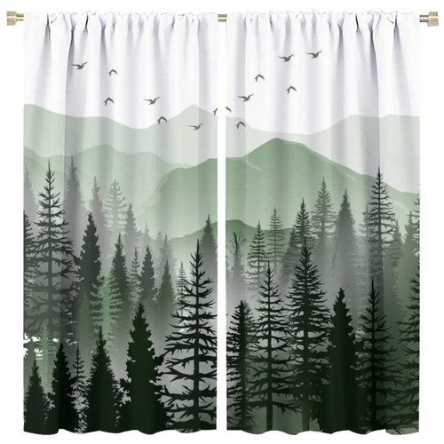 MYS QiQi Green Misty Forest Curtains Rod Pocket Watercolor Nature Landscape Foggy Pines Fir Tree Camping Scenery Rustic Art Printed Bedroom Living Room Blackout Window Drapes 2 Panels 42x45in