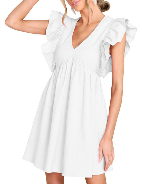 FANCYINN Women's Summer Ruffle Sleeveless Babydoll Mini Dress Deep V Neck Smock Loose Short Flowy Pleated Dresses White M