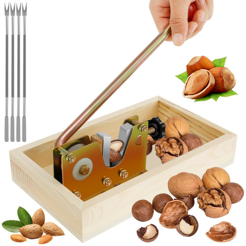 Nut Cracker with Wooden Base, Heavy Duty Walnut Cracker, Adjustable Nut Sheller Nut Tongs Manual Walnut Open Tool with 4 Picks Labor-Saving Nut Tongs for Walnuts Hazelnuts Pecans Nuts Chestnut