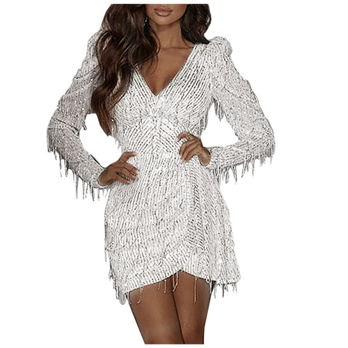 Oplxuo Womens Sequin Fringe Mini Dresses Sexy Bodycon Long Sleeve V-Neck Party Dress Short Cocktail Evening Dress Clubwear White