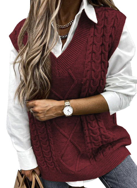 EVALESS Womens Oversized Sweater Vest V Neck Red Sleeveless Sweaters for Women Cable Knit Solid Color Tops Loose Casual Soft Sweater X-Large