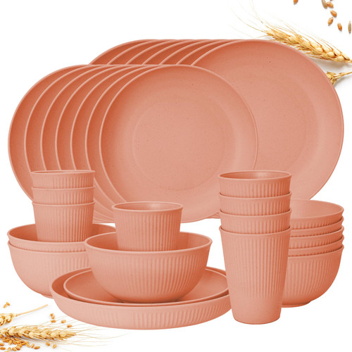32pcs Wheat Straw Dinnerware Sets, Dhnvcud Plastic Plates and Bowls Sets Service for 8, Unbreakable Reusable Kitchen Cups Plates and Bowls Dishwasher Microwave Safe, Outdoor Camping(Pink)