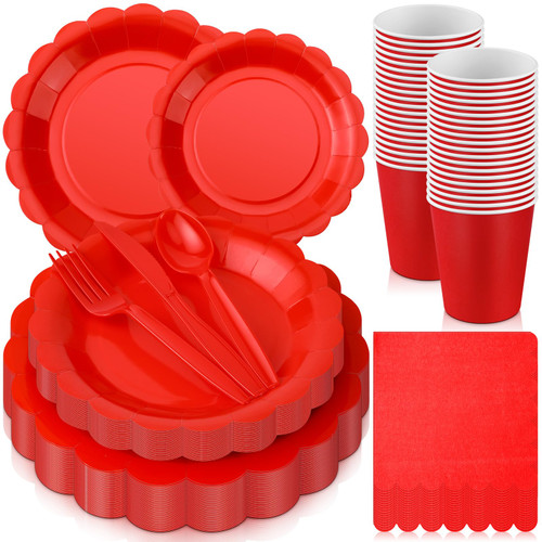 Yaomiao 336 Pcs Paper Plates Napkins Party Supply Disposable Dinnerware Set Scalloped Plates Cups Napkins with Plastic Forks Knives Spoons for 48 Guests Birthday Wedding Party(Red, Classic)