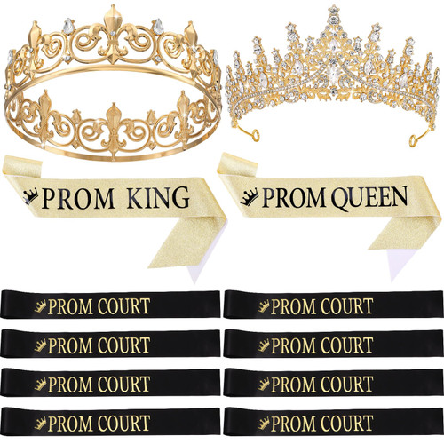 Saintrygo 12 Pcs Prom Crown and Sash Set, Prom King and Prom Queen Tiara Rhinestone Crown Glitter Sash Prom Court Royal Satin Sash for Graduation Prom Night Party Birthday Accessory (Gold,Classic)