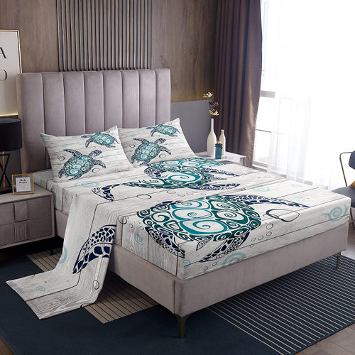 Manfei Sea Turtle Sheet Set Twin Size Ocean Animal Theme Bed Sheet Set 3pcs with Deep Pocket Fitted Sheet + Flat Sheet + 1 Pillowcase Underwater Aquatic Reptile Bedding Set for Kids Boys Girls