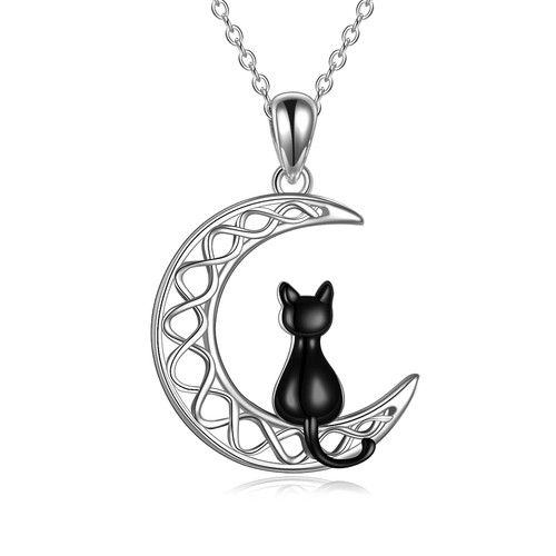 POPLYKE Black Cat Necklace for Women Sterling Silver Celtic Moon Irish Jewelry Gifts for Mother Daughter Sister(cat)