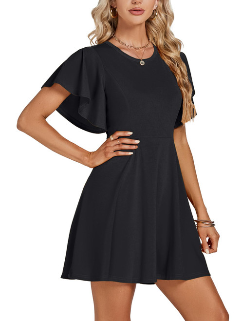 LYANER Women's Crew Neck Ruffle Short Sleeve A Line Swing Flared Cocktail Party Mini Dress Black Small