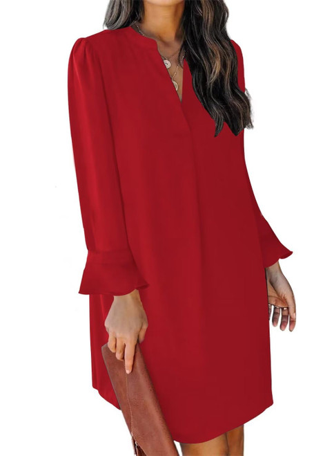 Wkior Women's Shift Dresses Elegant Fall V Neck Casual Cute Flowy Swing Dress Red XXL Wkior Women's Shift Dresses Elegant Fall V Neck Casual Cute Flowy Swing Dress Red XXL