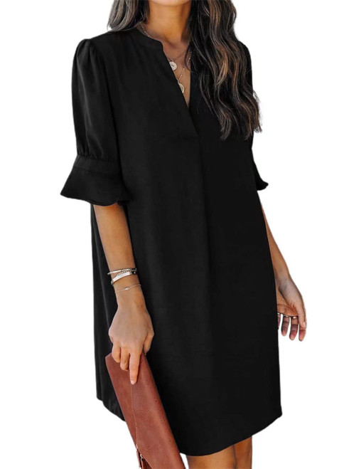 Wkior Summer Dress for Women Short Sleeve Solid Color Loose Casual Elegant Dress Black S