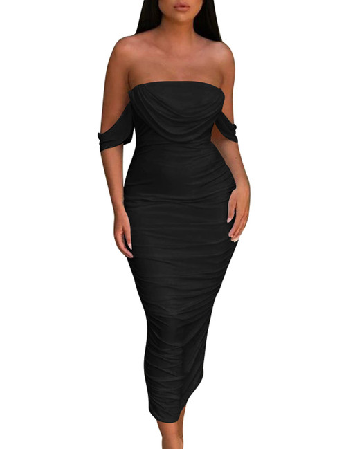 HOCILLE Women's Sexy Ruched Bodycon Strapless Off Shoulder Midi Club Party Tube Dresses, Large, Black HOCILLE Women's Sexy Ruched Bodycon Strapless Off Shoulder Midi Club Party Tube Dresses, Large, Black