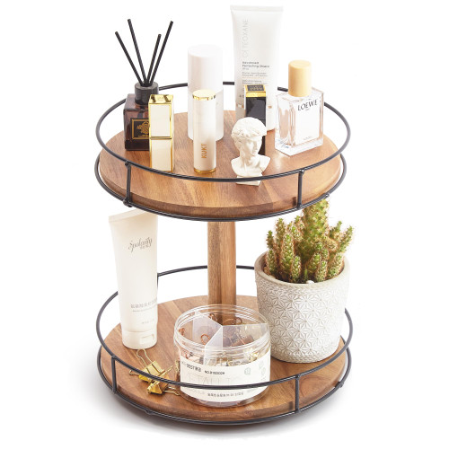 2 Tier Acacia Wood Lazy Susan Organizer, Rotating Lazy Susan Spice Rack Turntable Organizer for Kitchen Countertop and Cabinet, 10.2 Inches