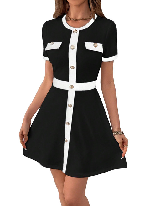 SweatyRocks Women's Colorblock Button Front Short Sleeve Mini Dress Vintage Crewneck A Line Dresses Black and White Large