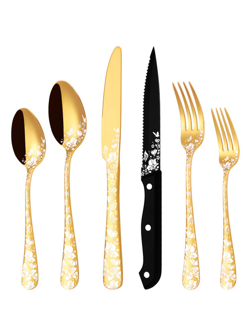 Stapava 24 Pcs Gold Silverware Set with Steak Knives, Stainless Steel Gold Silverware Flatware Cutlery Set for 4, Include Forks Spoons and Knives set, Mirror Polished, Dishwasher Safe Utensils