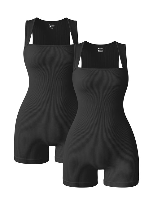 OQQ Women 2 Piece Rompers Yoga Stretch Strappy Square Neck Sleeveless Exercise Rompers Black Black