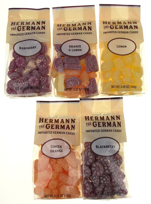 Hermann The German Hard Fruit Candy Bundle with Blackberry, Ginger Orange, Lemon, Orange Lemon & Raspberry Candies in a Gift Bag