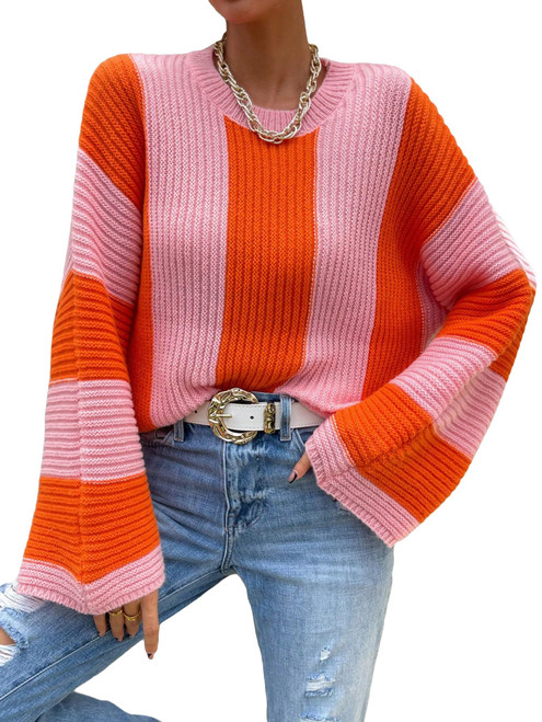 Verdusa Women's Colorblock Bell Sleeve Round Neck Knit Sweater Pullover Top Pink and Orange Medium