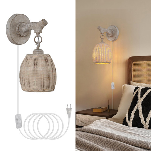 Hermasgi Plug in Wall Sconces Boho Wicker Rattan Wall Lamp with Plug in Cord,Farmhouse Bathroom Vanity Light Fixture, Rustic Wall Light with On Off Switch for Living Room Bedroom
