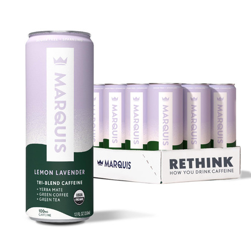 Marquis - Natural Energy Drink - Lemon Lavender - Sugar Free - 0 Calories - 100mg of Organic Plant Based Caffeine - Yerba Mate - Green Tea - Vitamin C & B Vitamins - Vegan - 12 oz Cans - 12 Pack