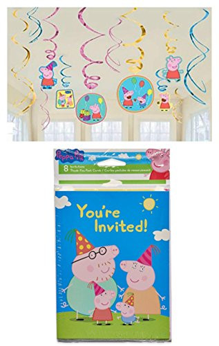 Birthday Kids Fun Party Supply Decorations American Greetings Girls Peppa Pig Invite and Thank You Combo Pack(8 Count) & 12pcs Value Pack Swirl Peppa Pig