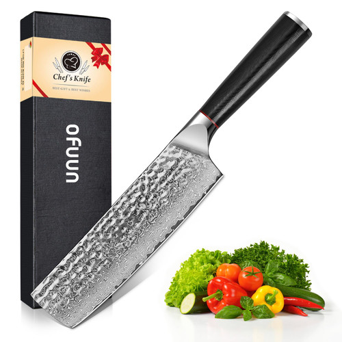 oFuun Nakiri Chef Knife, 7 Inch Damascus Kitchen Knife, Professional Japanese VG-10 High Carbon Stainless Steel Vegetable Cooking Knife - G10 Ergonomic Handle with Gift Box oFuun Nakiri Chef Knife, 7 Inch Damascus Kitchen Knife, Professional Japanese VG-10 High Carbon Stainless Steel Vegetable Cooking Knife - G10 Ergonomic Handle with Gift Box