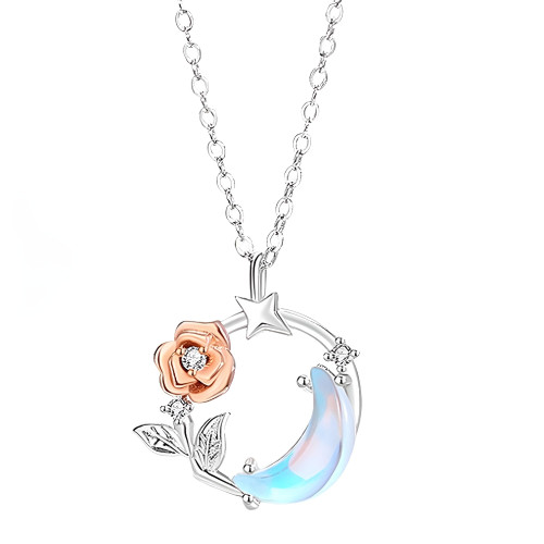 DESTIN Moon Rose Flower Pendant Necklace 925 Sterling Silver Moonstone Jewelry for Women Girls Mom Wife Gifts for Mother's Day Birthday Anniversary