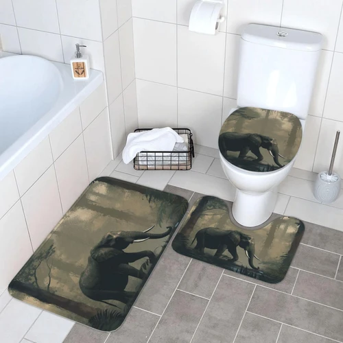 Forest Elephant Bathroom Rugs Sets 3 Piece Super Absorbent Bathroom Mats Set, Bath Rug, Contour Mat and Toilet Lid Cover, Washable Non-Slip Bath Mats Carpet for Bathroom